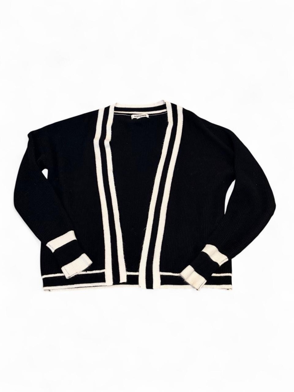 Vigoss Black & Cream Striped Open-Front Women's Cardigan Sweater